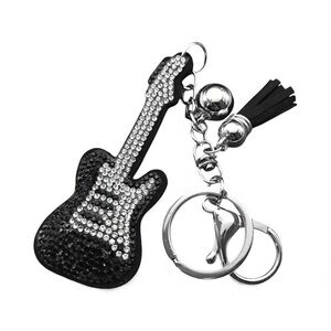 Guitar Rhinestone Black Silver Bag Charm Keychain